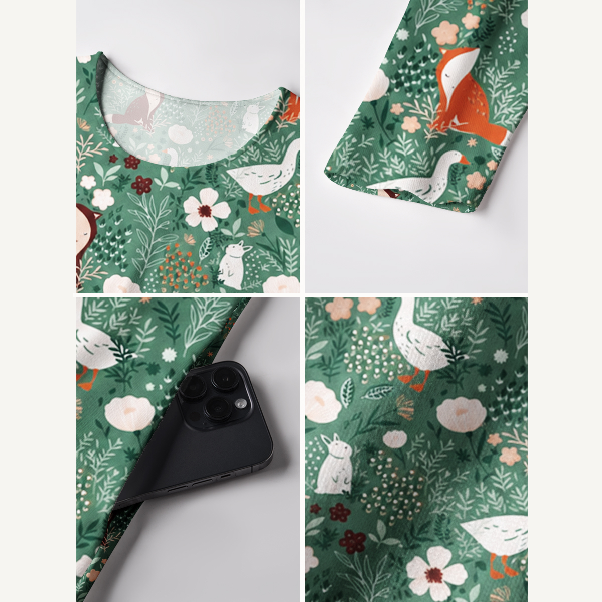 Woodland Fox, Goose & Mouse Floral Print Soft-Touch Stretch Knit Long Sleeve Maxi Dress with Pockets