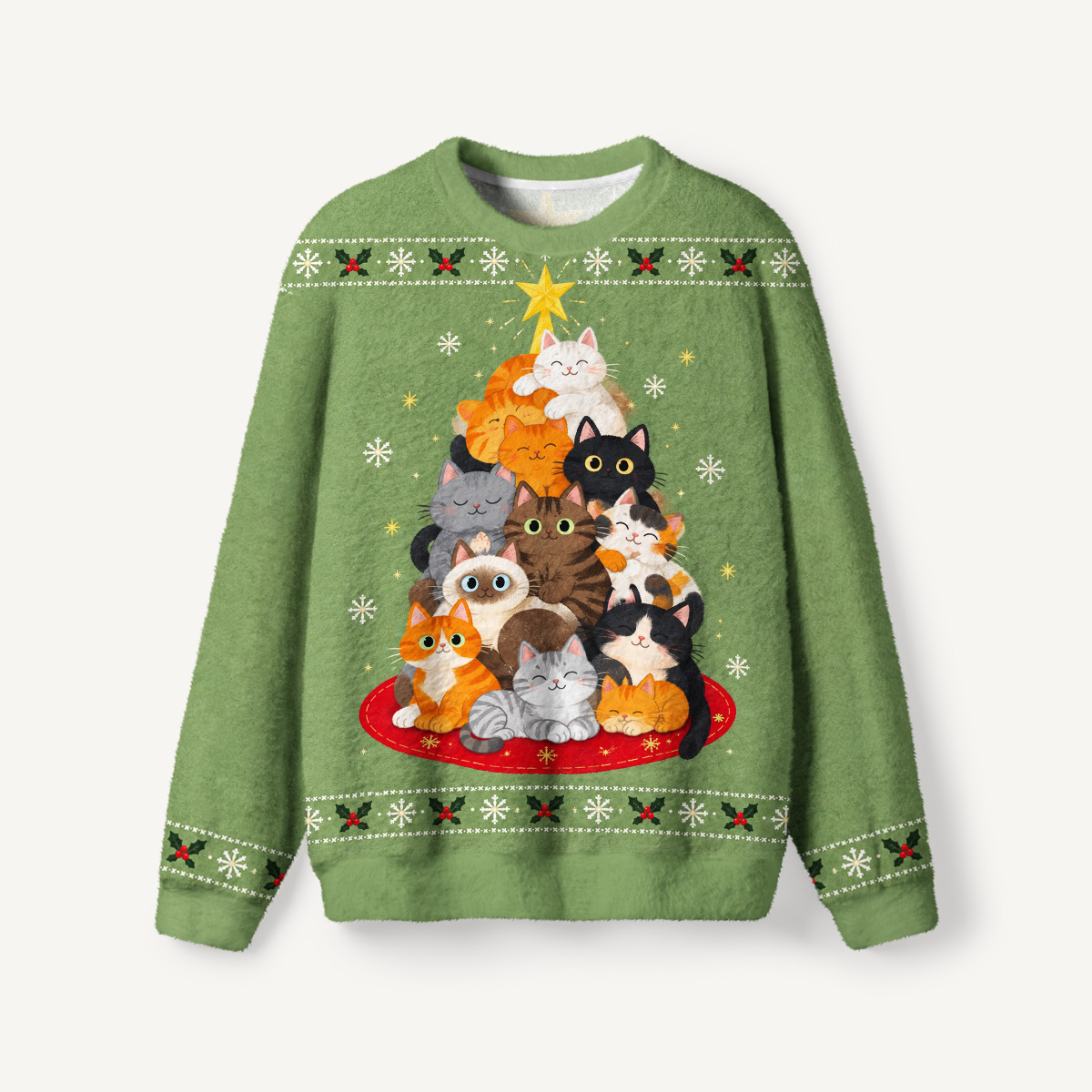 Jolly Cat Christmas Tree Fuzzy Crewneck Sweater