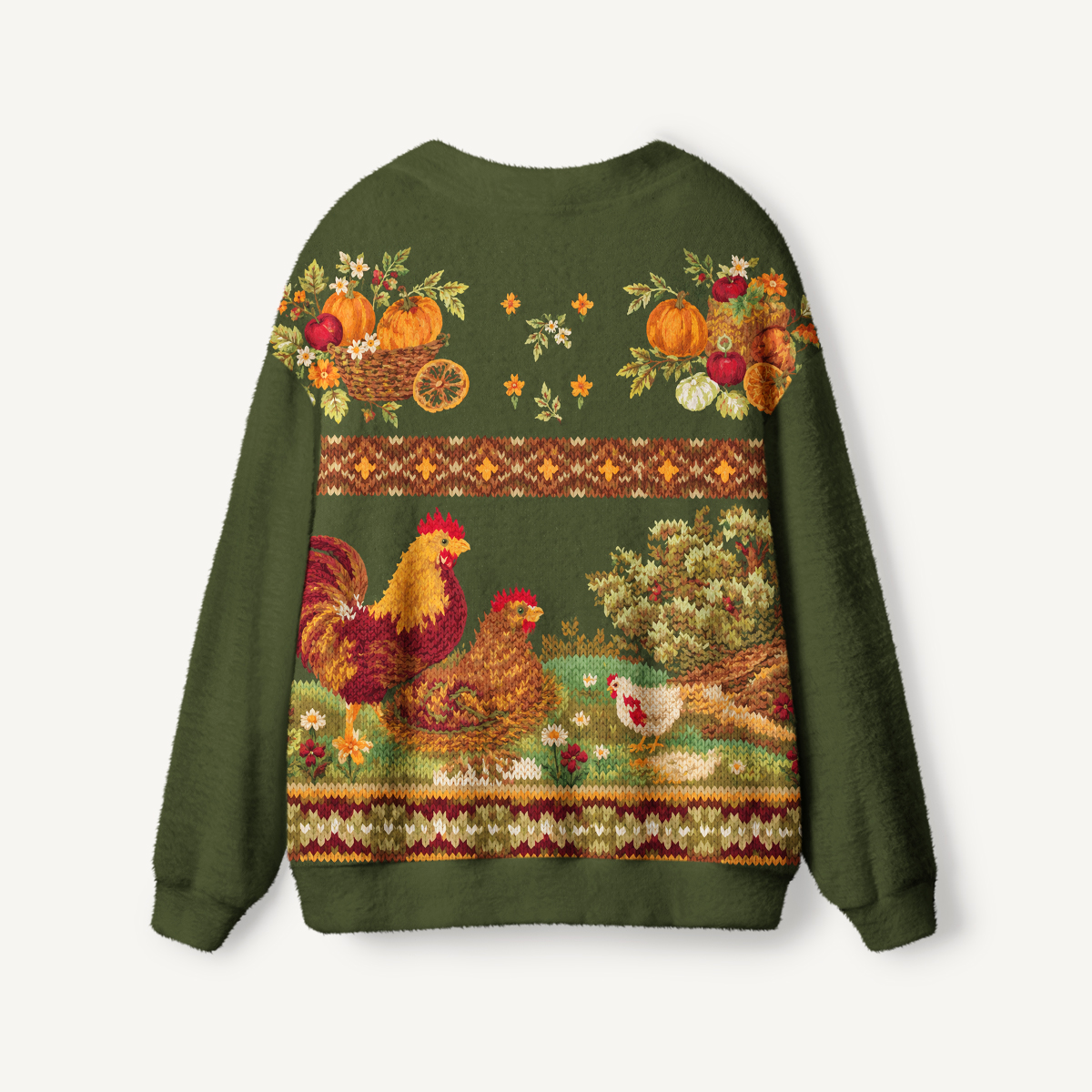 Autumn Harvest Chicken Farm Print Cardigan Sweaters