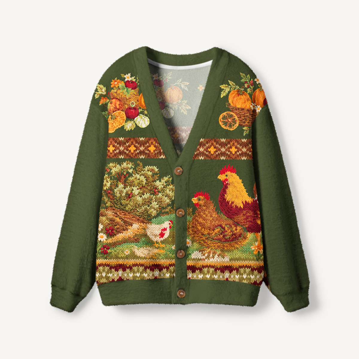 Autumn Harvest Chicken Farm Print Cardigan Sweaters