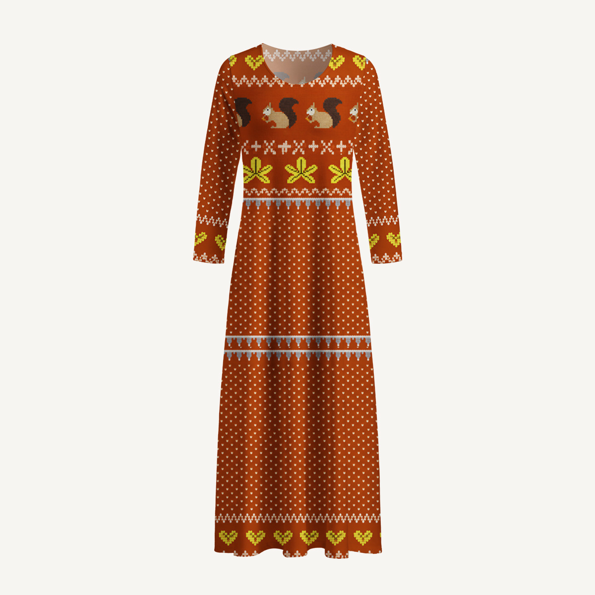 Autumn Woodland Squirrel Print Soft-Touch Stretch Knit Long Sleeve Maxi Dress with Pockets