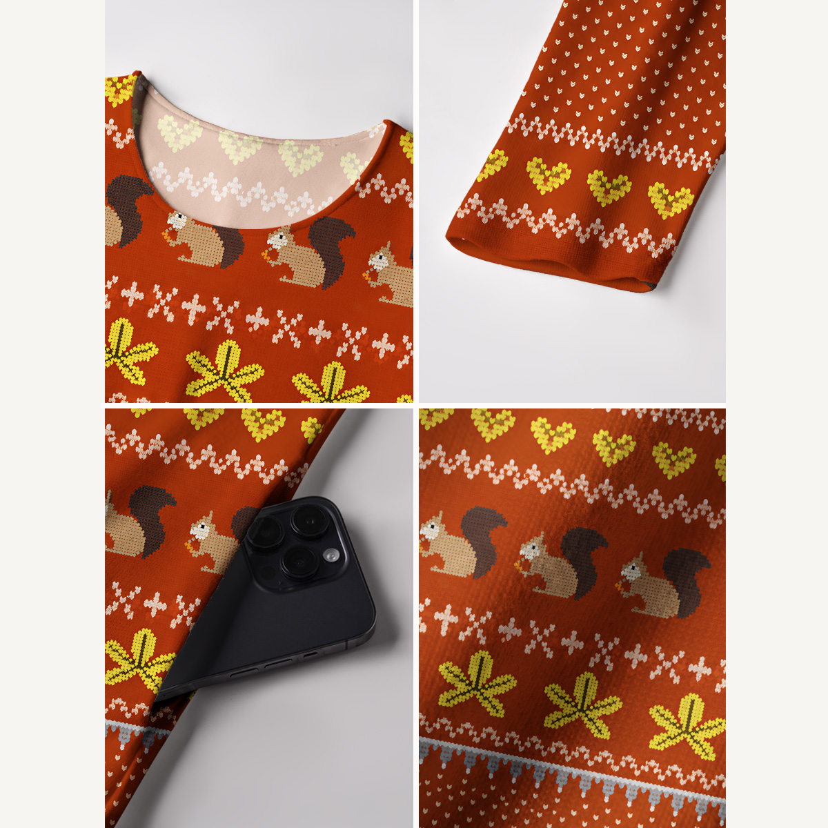 Autumn Woodland Squirrel Print Soft-Touch Stretch Knit Long Sleeve Maxi Dress with Pockets