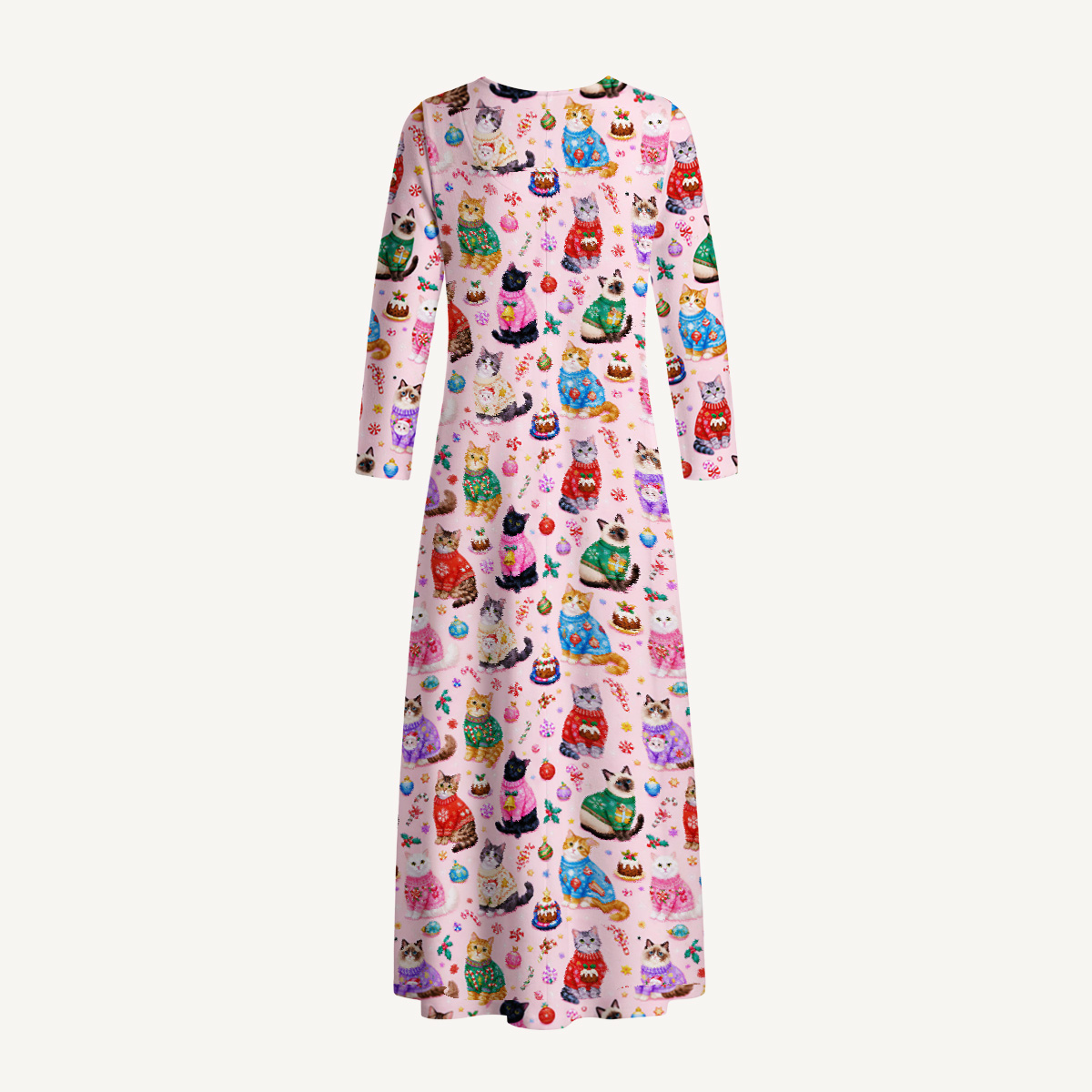 Christmas Sweater Cats Holiday Print Soft-Touch Stretch Knit Long Sleeve Maxi Dress with Pockets