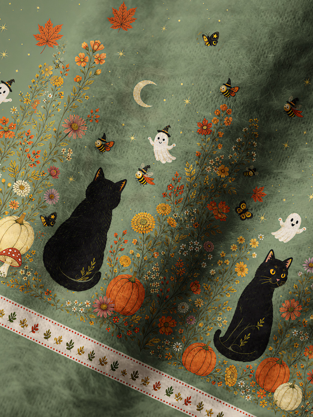 Twilight Pumpkin Garden Black Cat Cozy Fuzzy Beanie