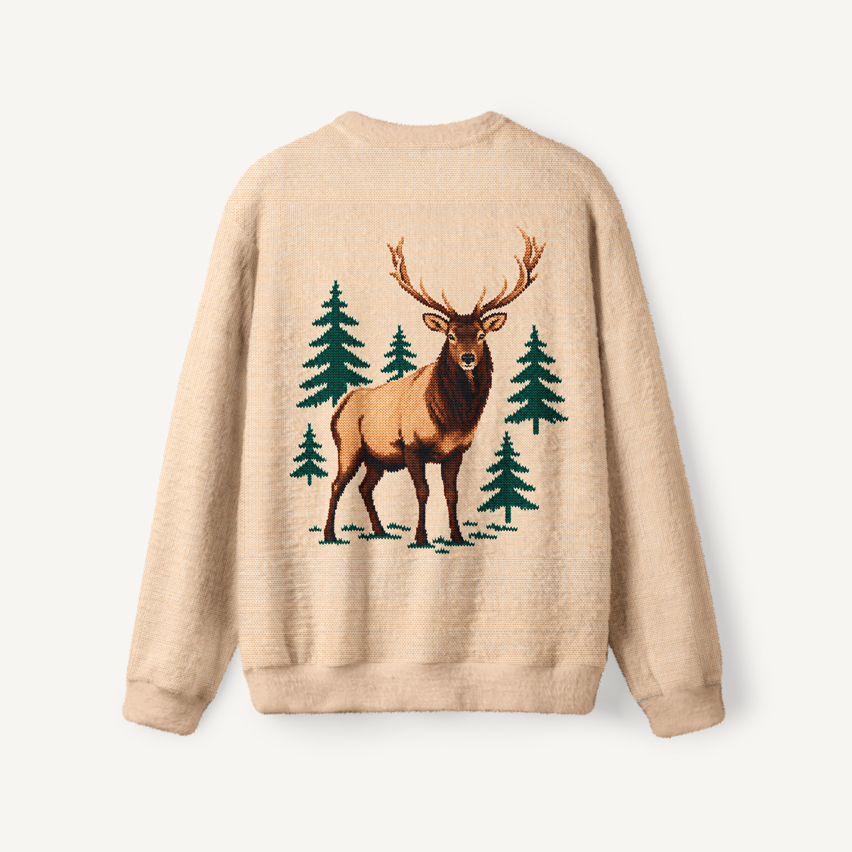 Rustic Forest Deer Fuzzy Crewneck Sweater
