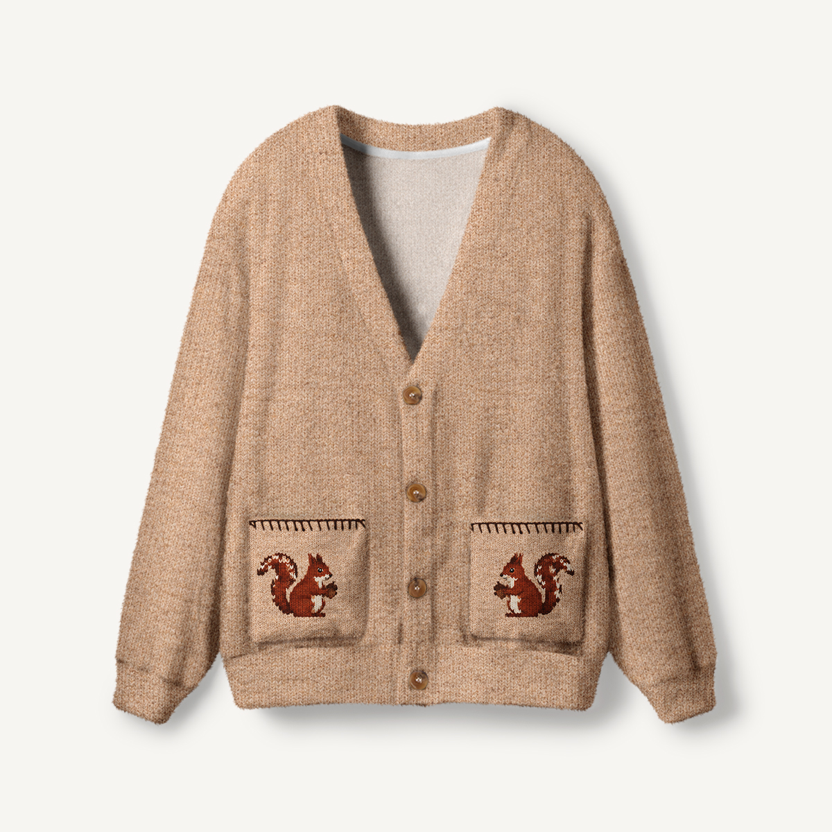 Cozy Woodland Squirrel Print Cardigan Sweaters with Pockets