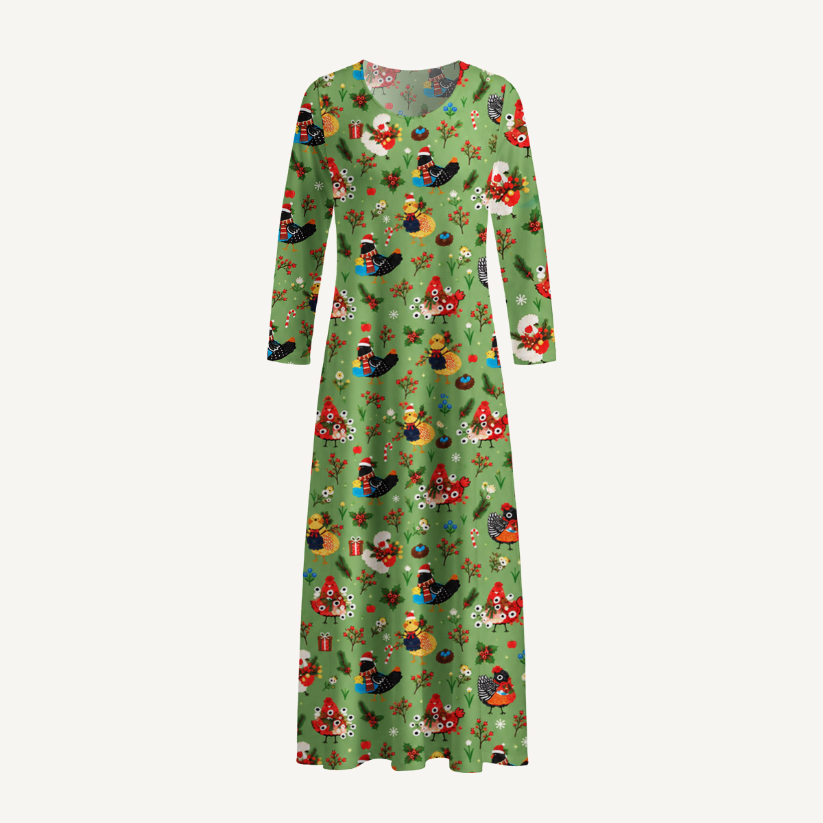 Christmas Chicken Garden Print Soft-Touch Stretch Knit Long Sleeve Maxi Dress with Pockets