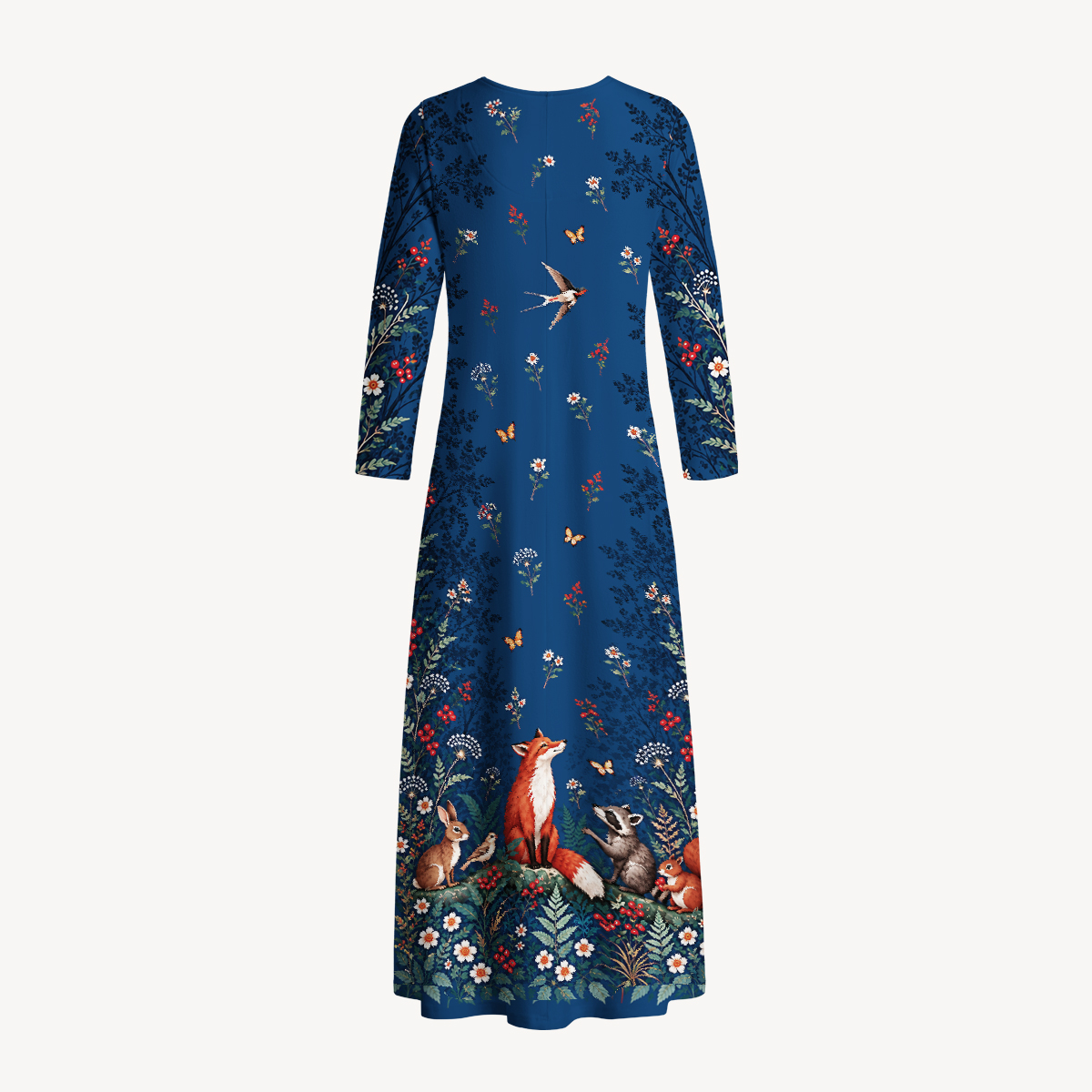 Midnight Woodland Friends Print Soft-Touch Stretch Knit Long Sleeve Maxi Dress with Pockets
