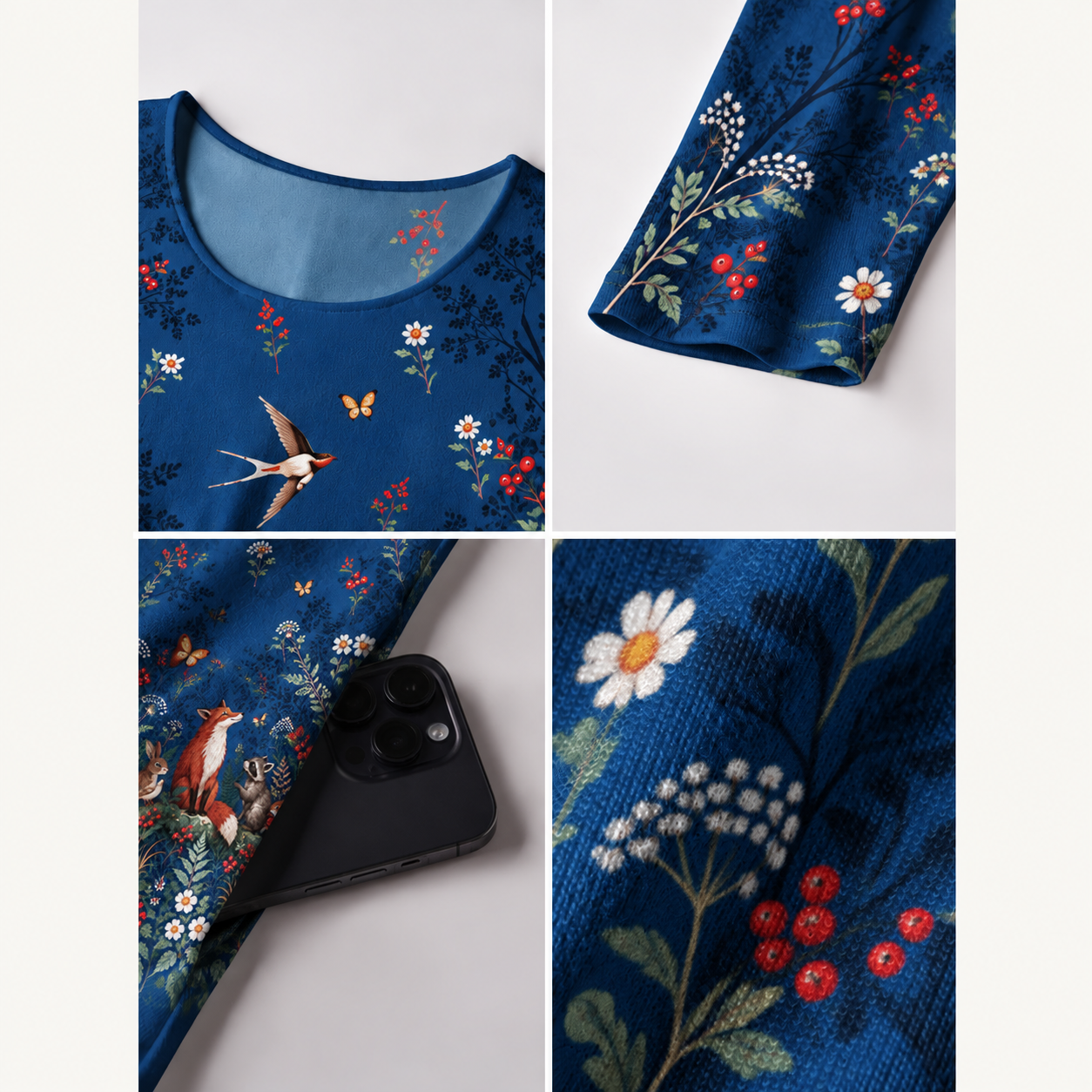 Midnight Woodland Friends Print Soft-Touch Stretch Knit Long Sleeve Maxi Dress with Pockets