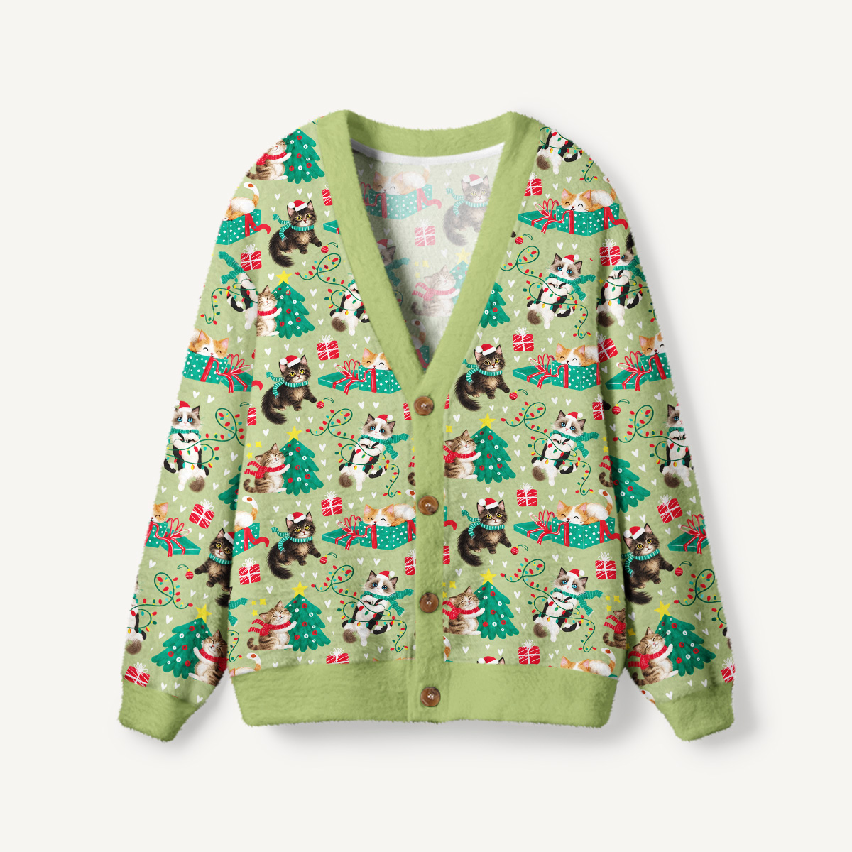 Playful Christmas Cats Print Cardigan Sweaters