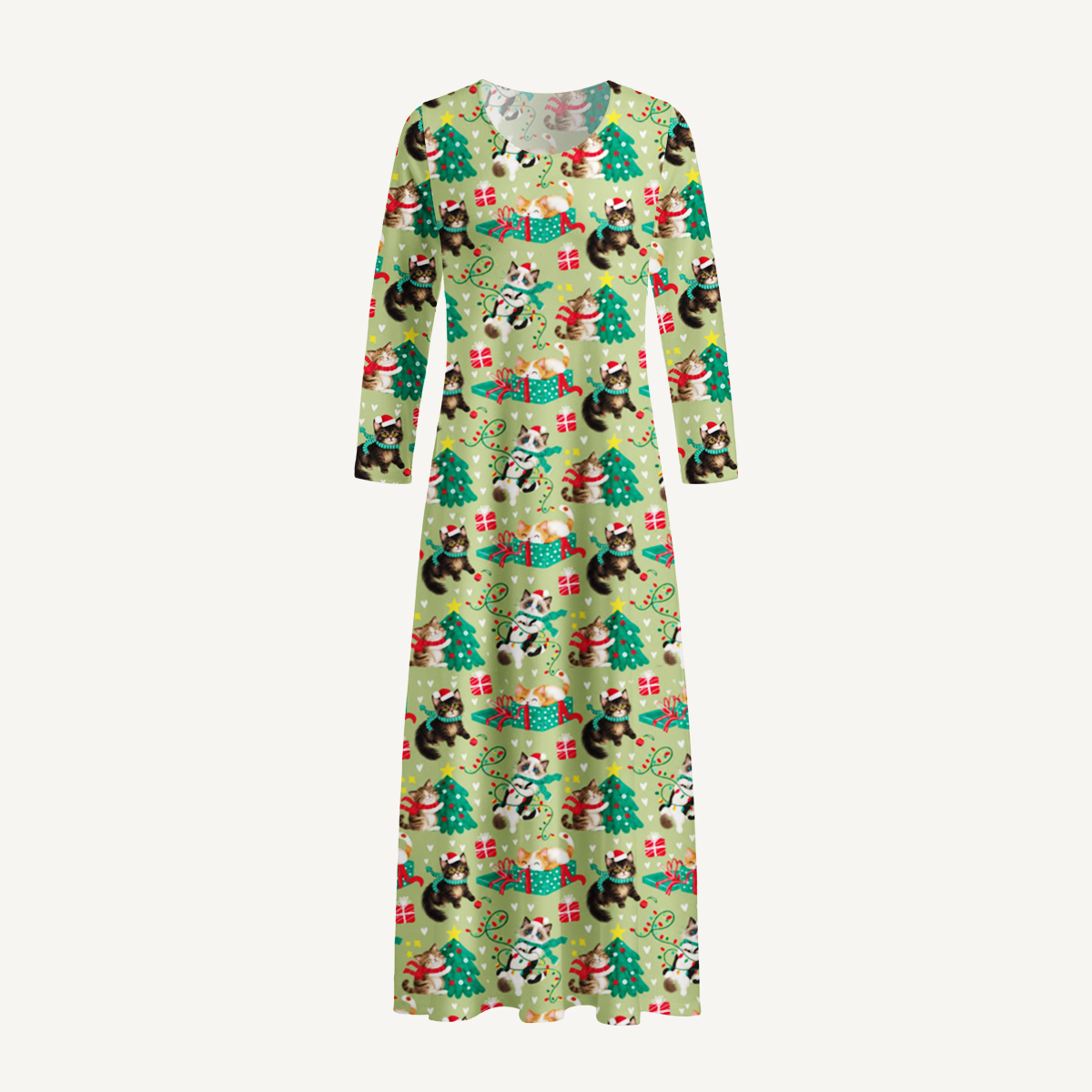 Playful Christmas Cats Print Soft-Touch Stretch Knit Long Sleeve Maxi Dress with Pockets