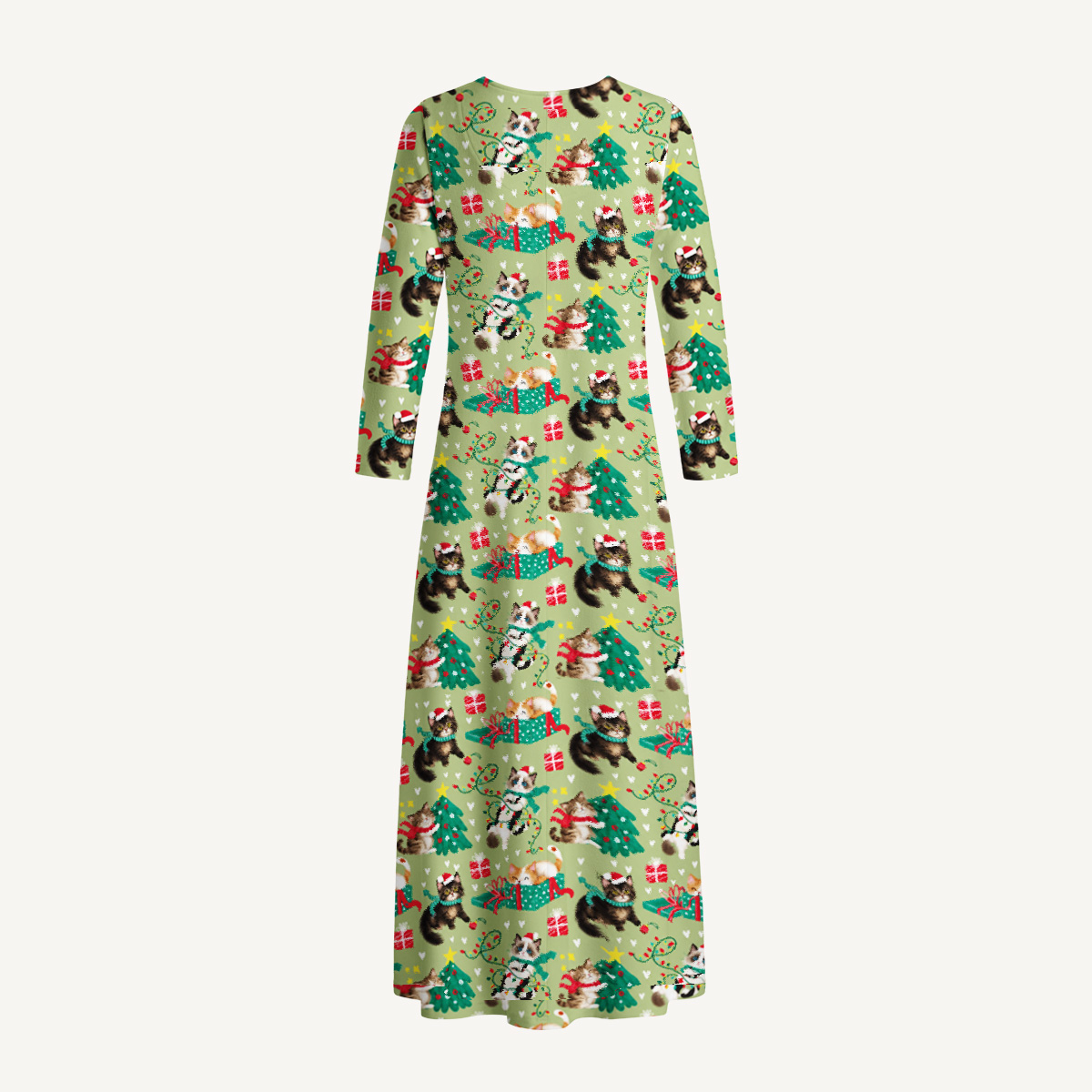Playful Christmas Cats Print Soft-Touch Stretch Knit Long Sleeve Maxi Dress with Pockets