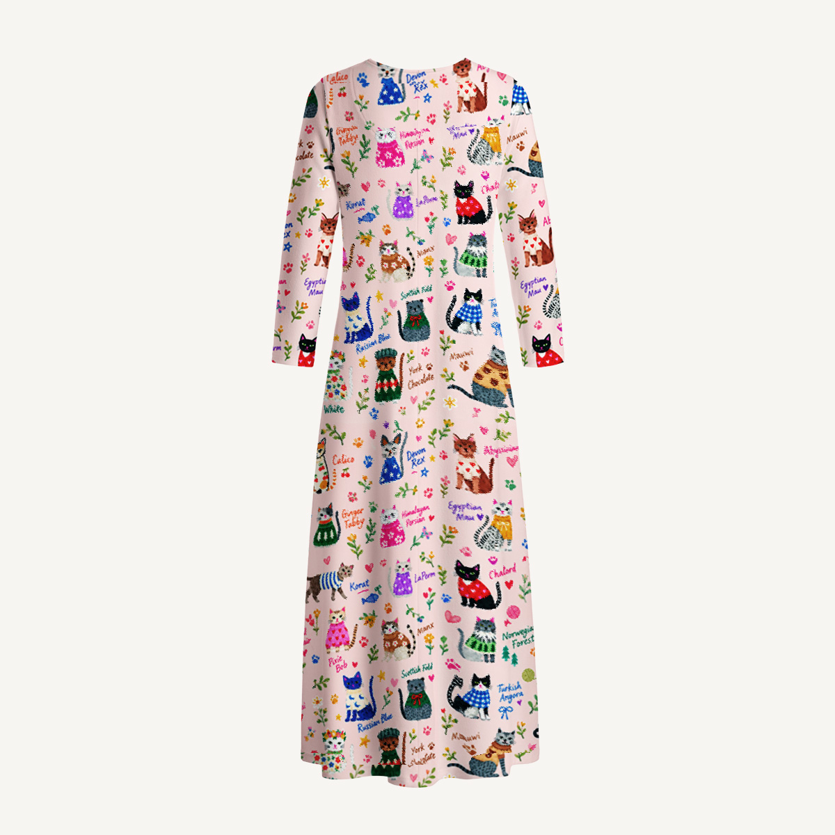 Whimsical Cat Breeds Print Soft-Touch Stretch Knit Long Sleeve Maxi Dress with Pockets