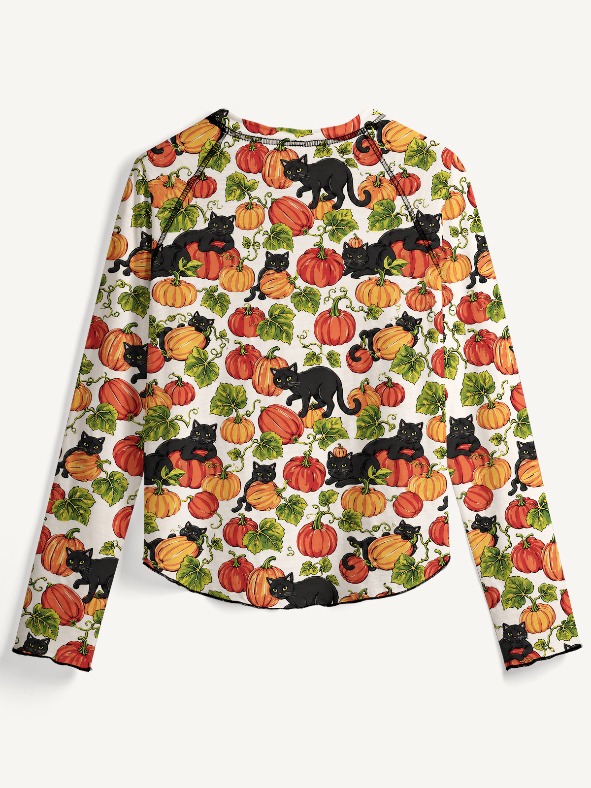 Black Cat & Pumpkin Patch All-Over Print Cotton Raglan Long Sleeve Top