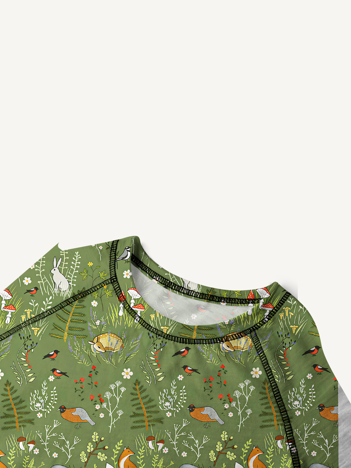 Whimsical Woodland Animals All-Over Print Cotton Raglan Long Sleeve Top