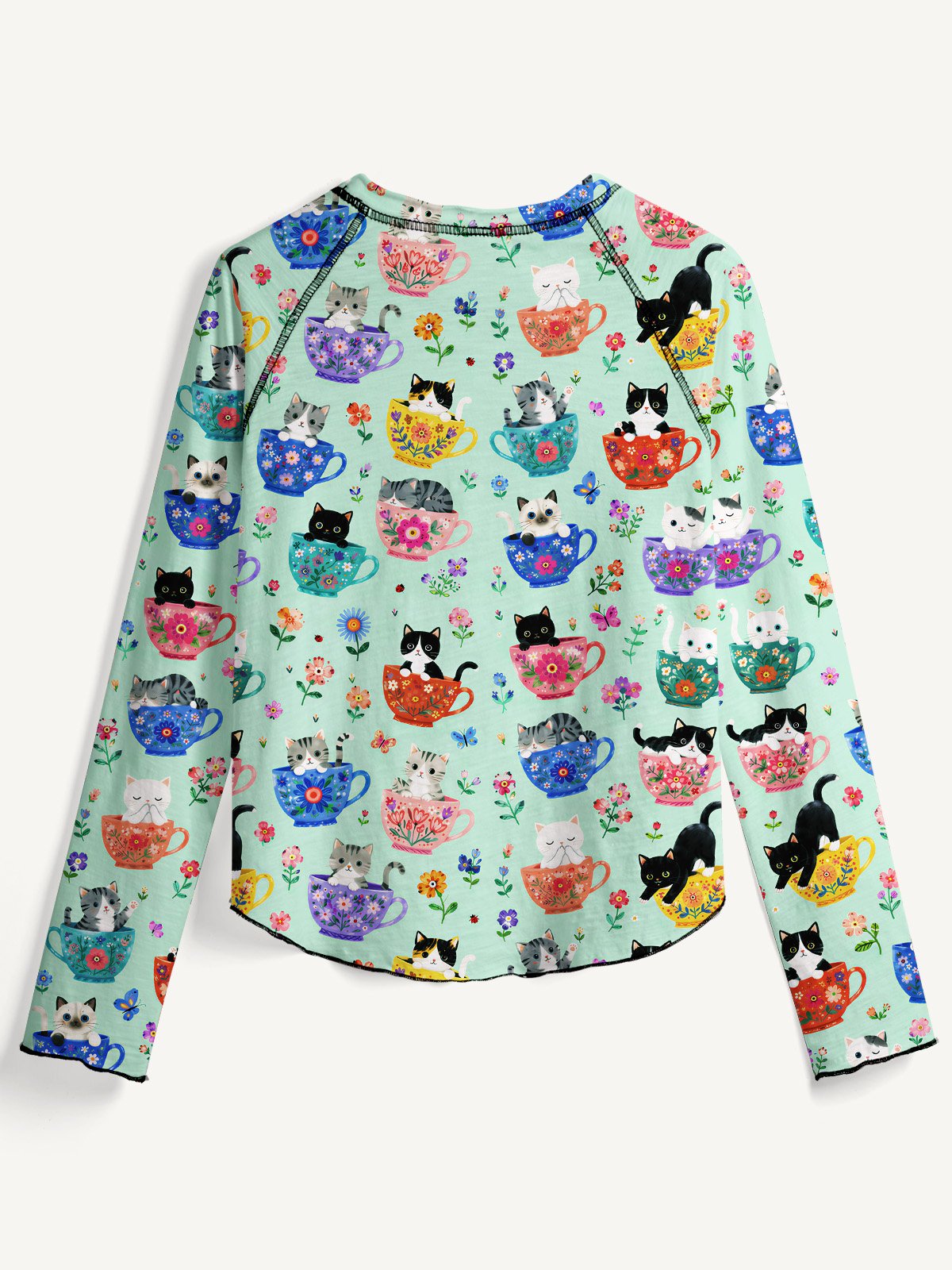 Cute Teacup Kitten All-Over Print Cotton Raglan Long Sleeve Top