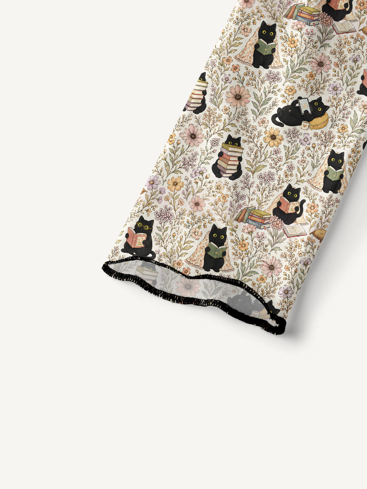 Books Blooms and Black Cats All-Over Print Cotton Raglan Long Sleeve Top