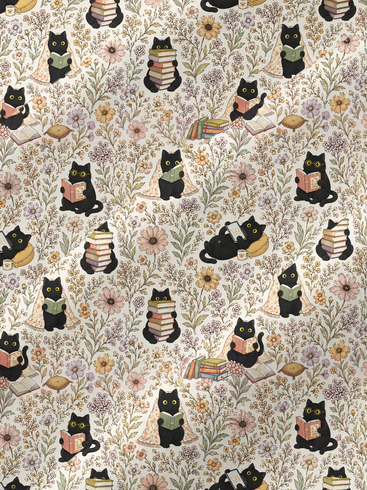 Books Blooms and Black Cats All-Over Print Cotton Raglan Long Sleeve Top