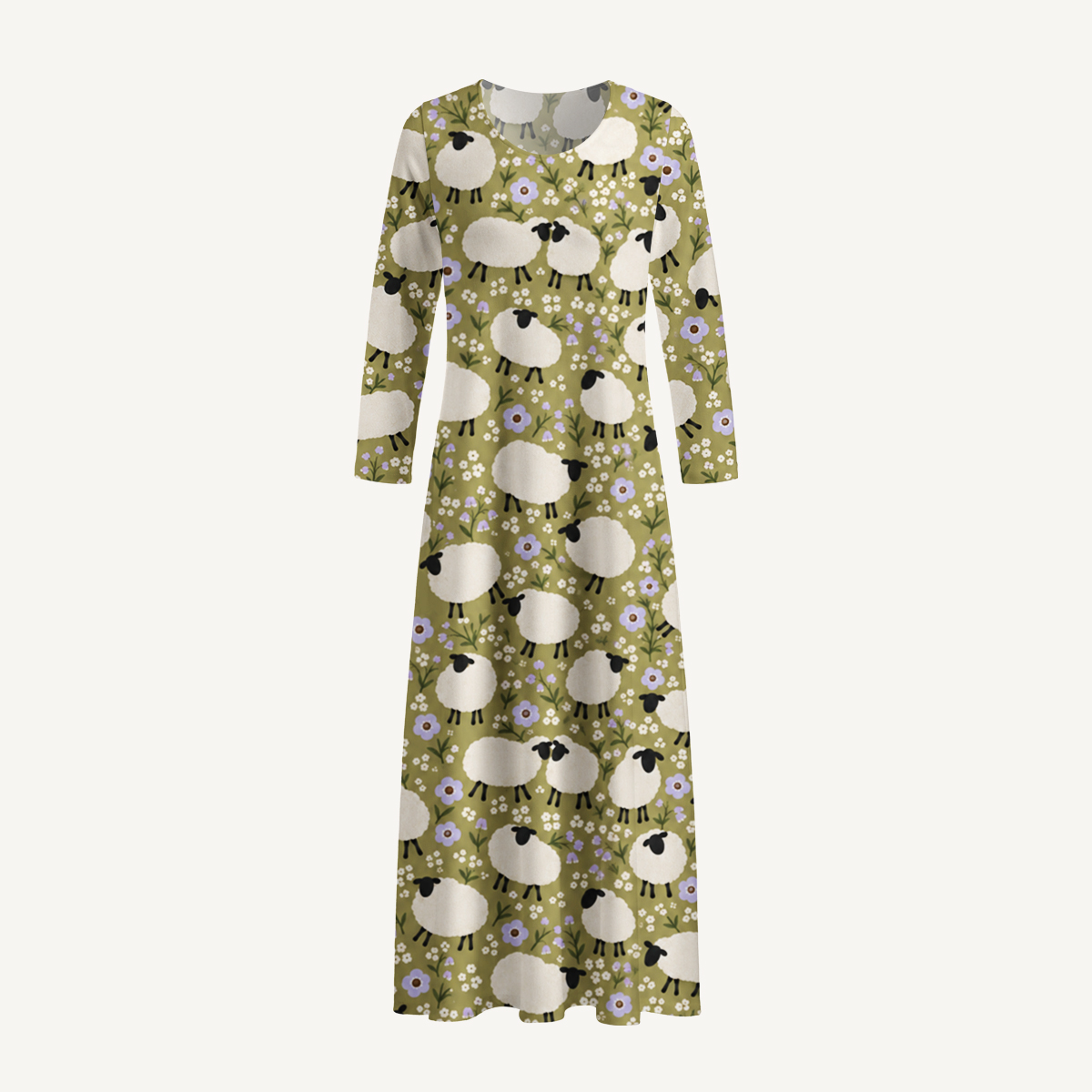 Cottagecore Sheep Floral Print Soft-Touch Stretch Knit Long Sleeve Maxi Dress with Pockets