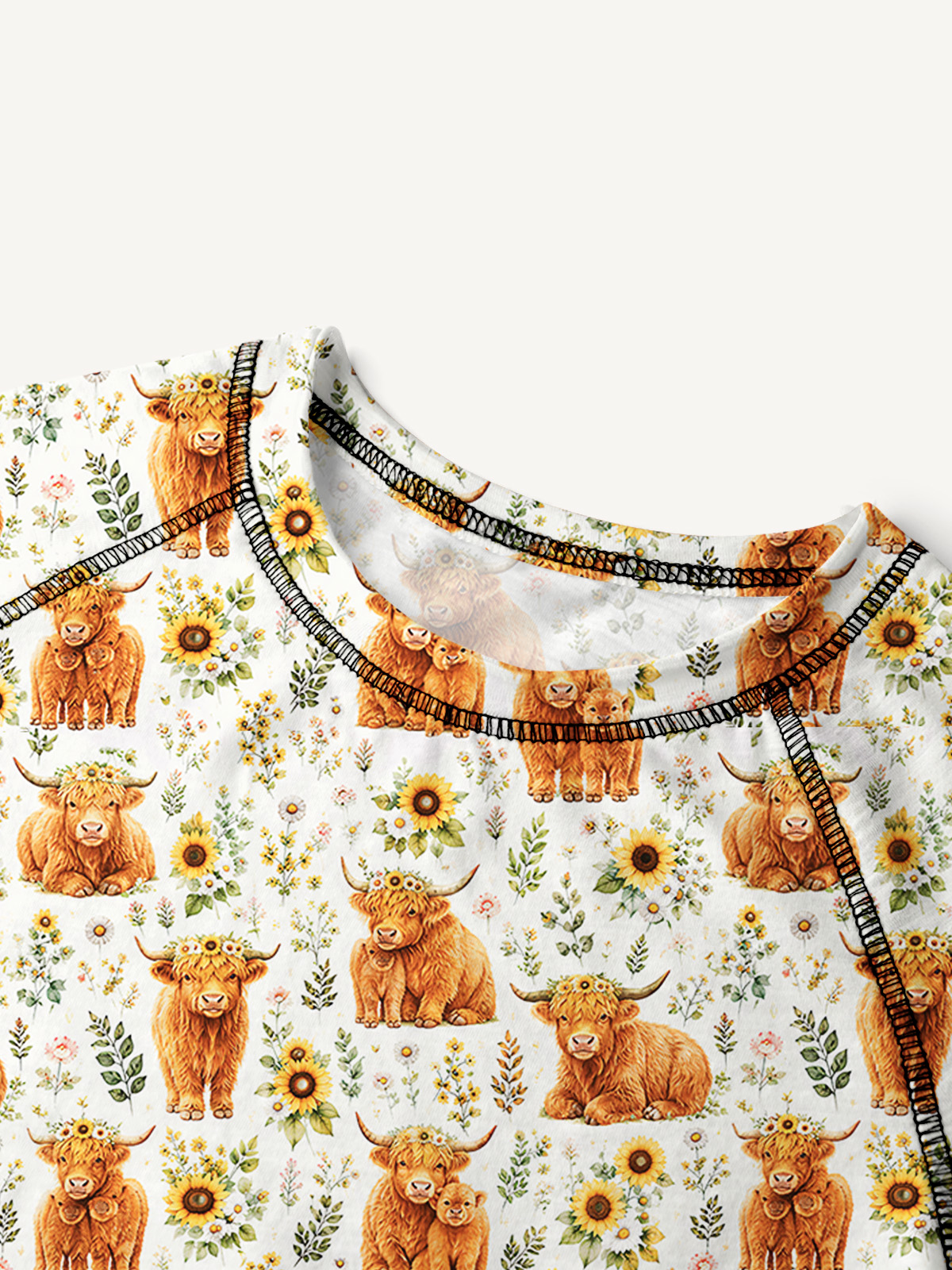 Spring Highland Cow Floral All-Over Print Cotton Raglan Long Sleeve Top