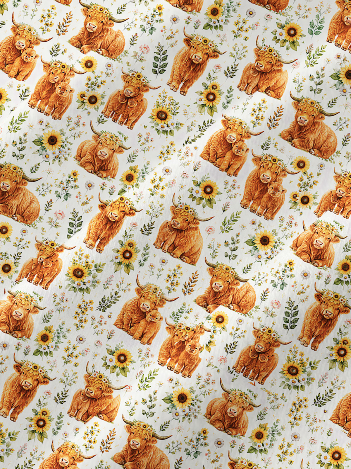 Spring Highland Cow Floral All-Over Print Cotton Raglan Long Sleeve Top