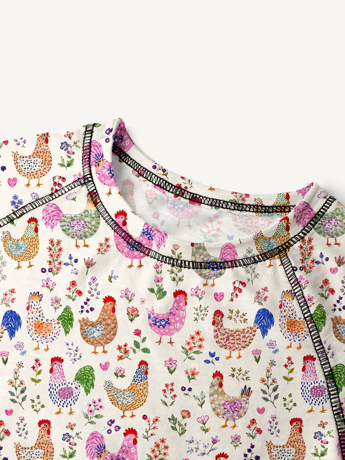Colorful Farm Chickens All-Over Print Cotton Raglan Long Sleeve Top