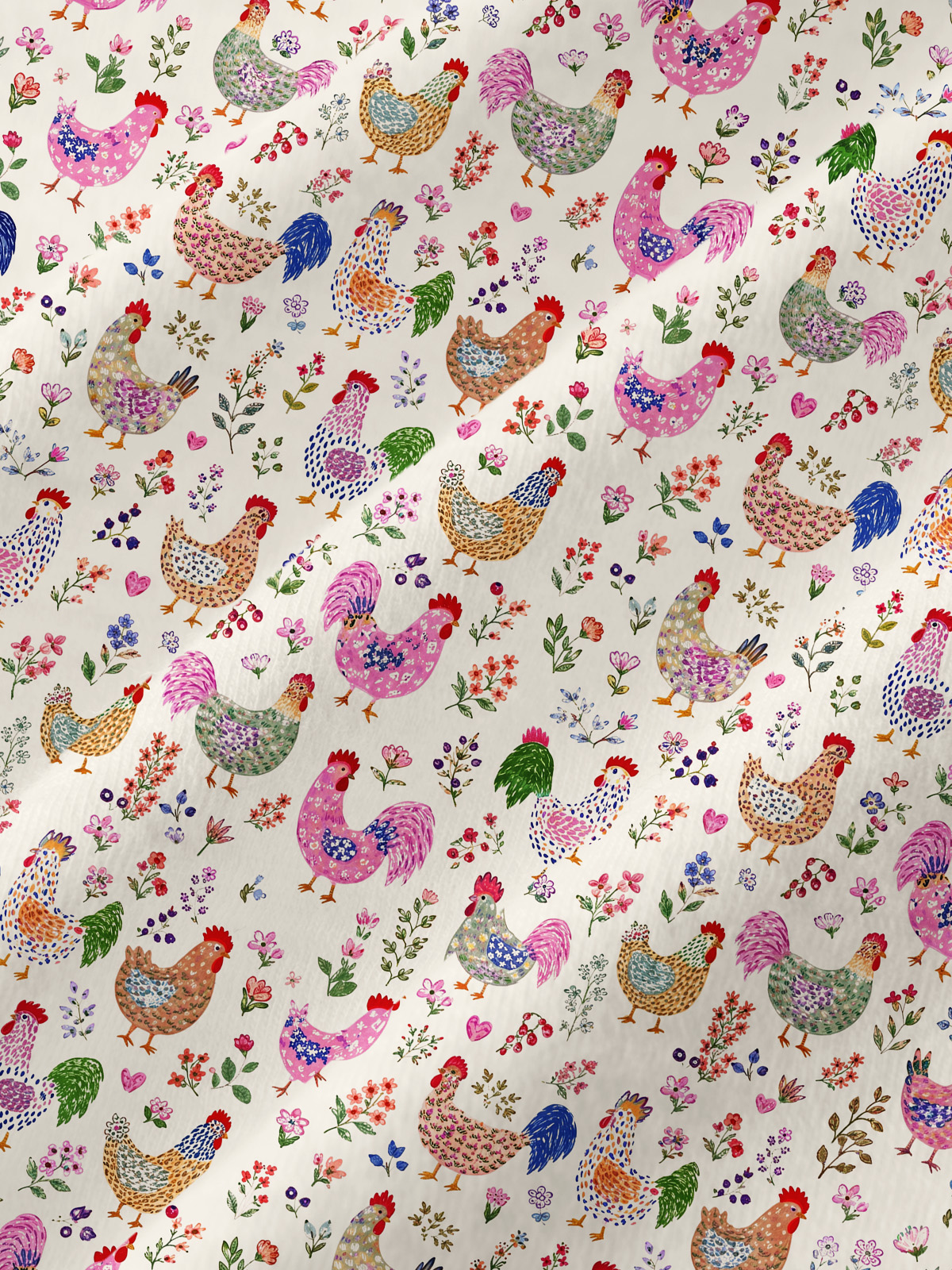 Colorful Farm Chickens All-Over Print Cotton Raglan Long Sleeve Top