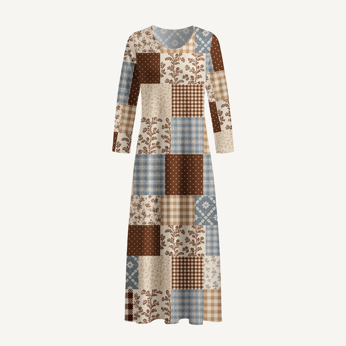 Vintage Cottagecore Floral Patchwork Print Soft-Touch Stretch Knit Long Sleeve Maxi Dress with Pockets