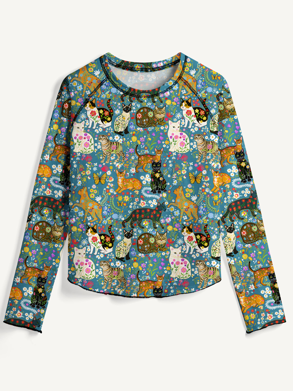 Colorful Garden Cat All-Over Print Cotton Raglan Long Sleeve Top