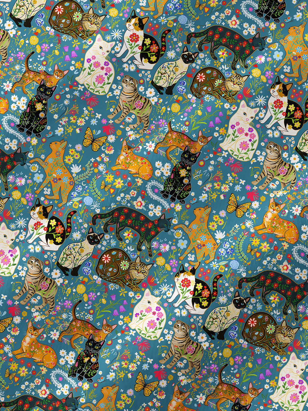 Colorful Garden Cat All-Over Print Cotton Raglan Long Sleeve Top
