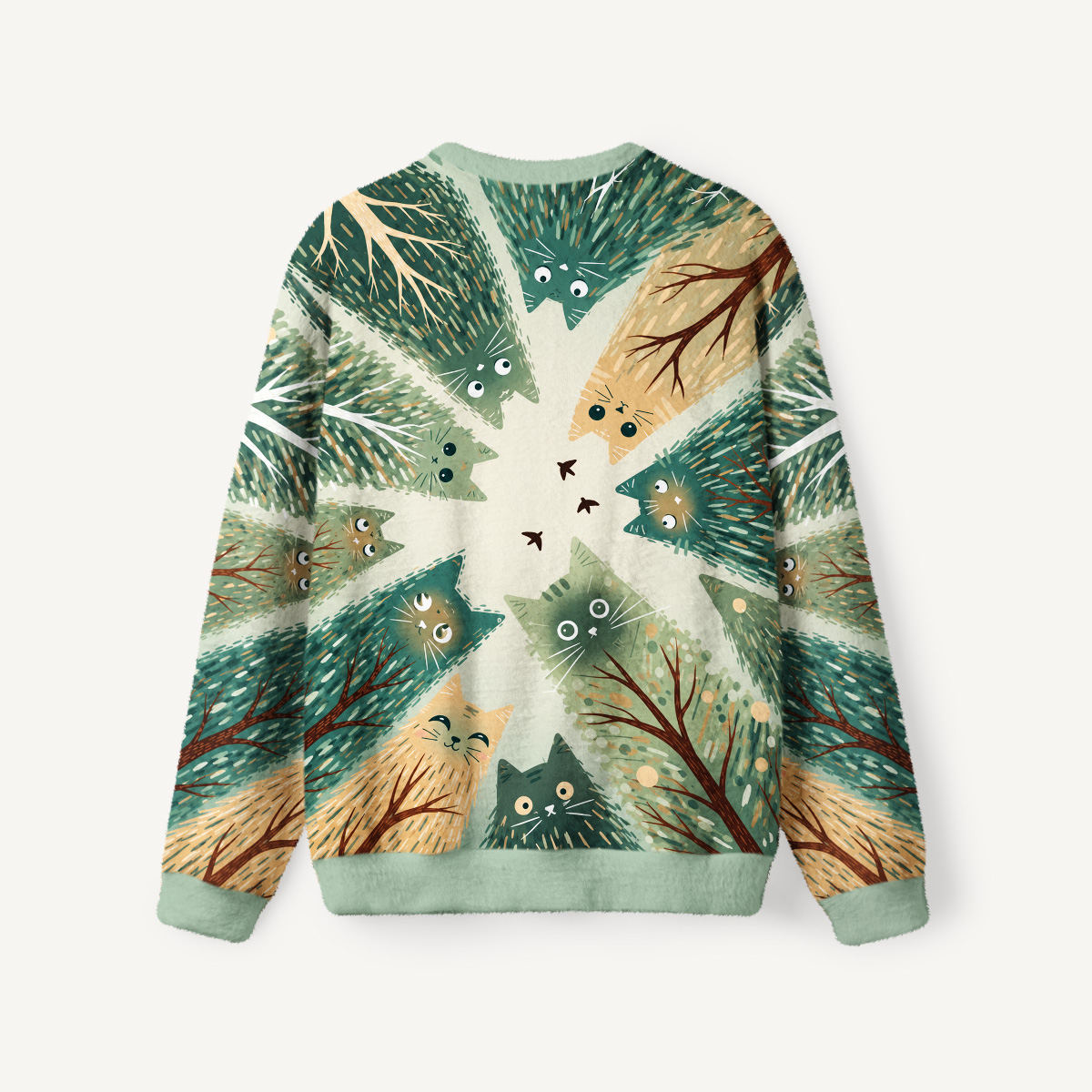 Whimsical Woodland Cats Fuzzy Crewneck Sweater