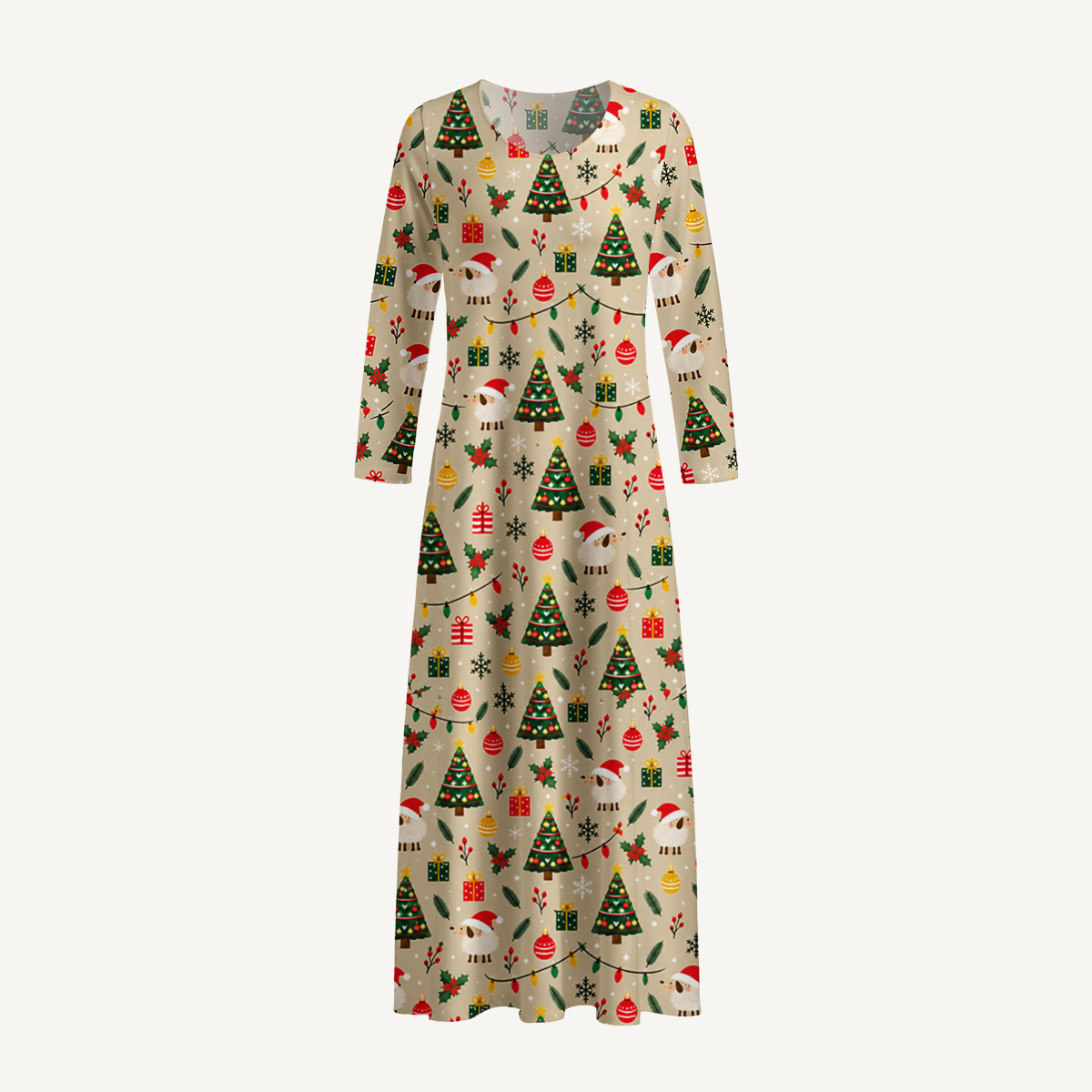 Fluffy Winter Sheep Magic Print Soft-Touch Stretch Knit Long Sleeve Maxi Dress with Pockets