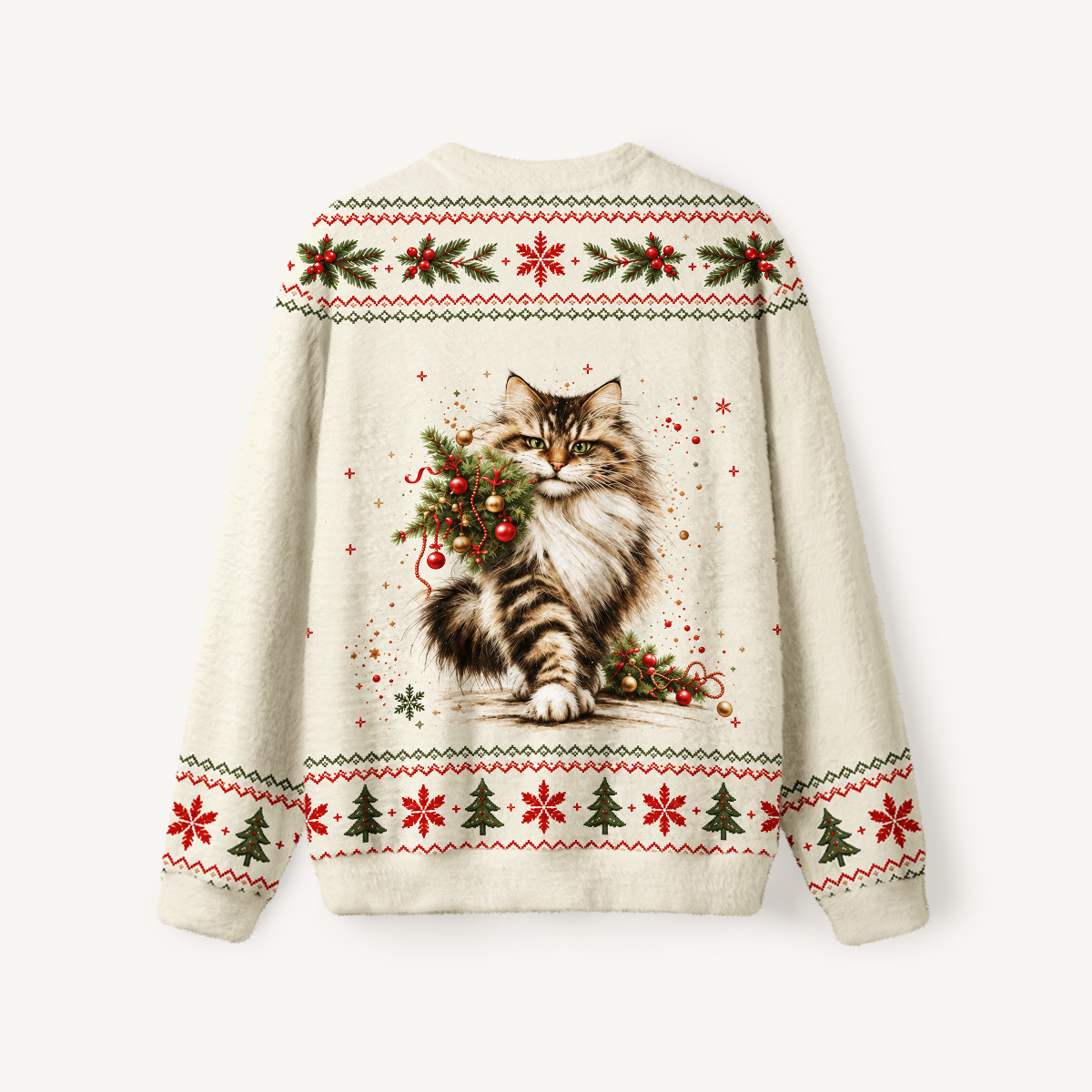 Charming Christmas Cat Fuzzy Crewneck Sweater