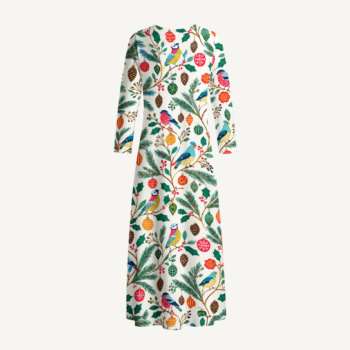 Christmas Birds & Ornaments Print Soft-Touch Stretch Knit Long Sleeve Maxi Dress with Pockets