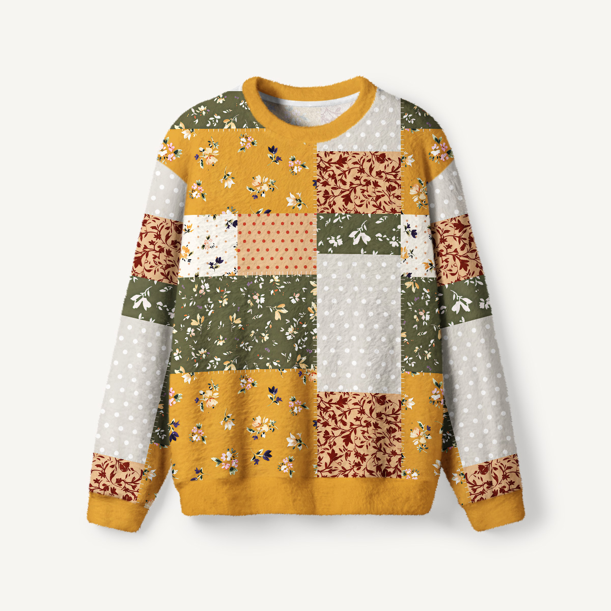 Rustic Floral Patchwork Fuzzy Crewneck Sweater