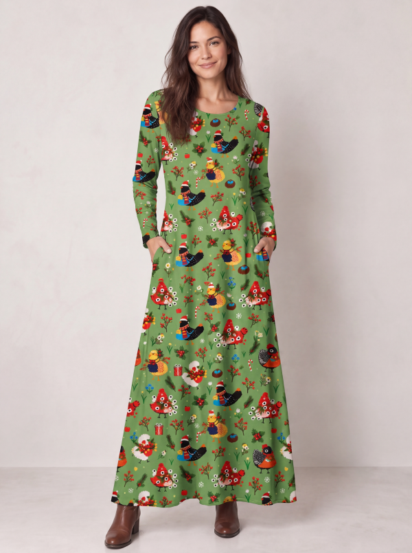Christmas Chicken Garden Print Soft-Touch Stretch Knit Long Sleeve Maxi Dress with Pockets
