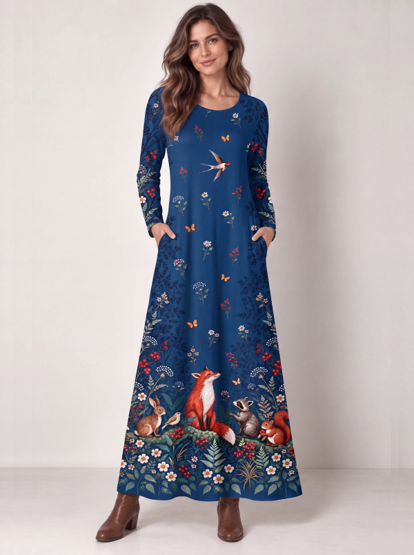Midnight Woodland Friends Print Soft-Touch Stretch Knit Long Sleeve Maxi Dress with Pockets