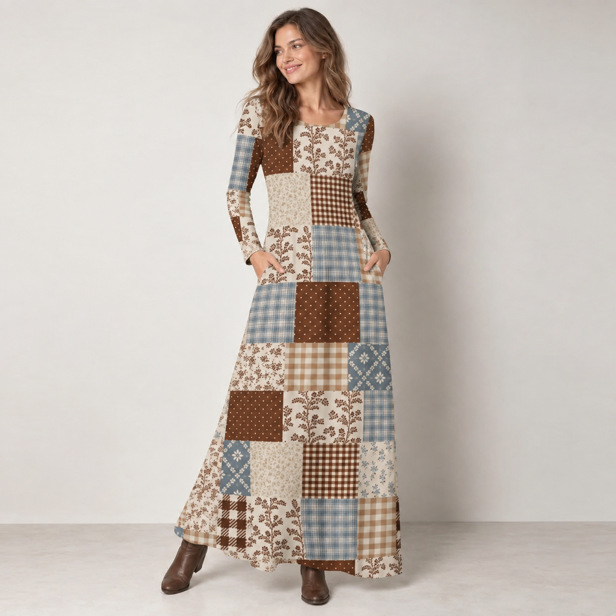 Vintage Cottagecore Floral Patchwork Print Soft-Touch Stretch Knit Long Sleeve Maxi Dress with Pockets