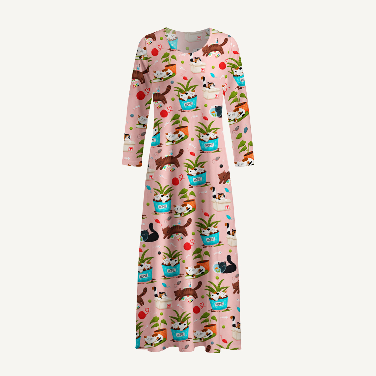 Cozy Cats, Plants & Yarn Print Soft-Touch Stretch Knit Long Sleeve Maxi Dress with Pockets
