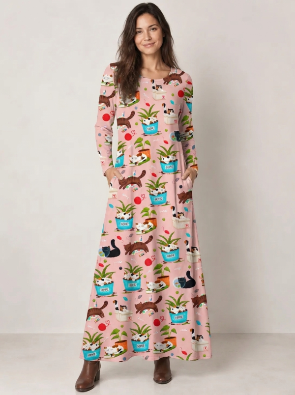 Cozy Cats, Plants & Yarn Print Soft-Touch Stretch Knit Long Sleeve Maxi Dress with Pockets