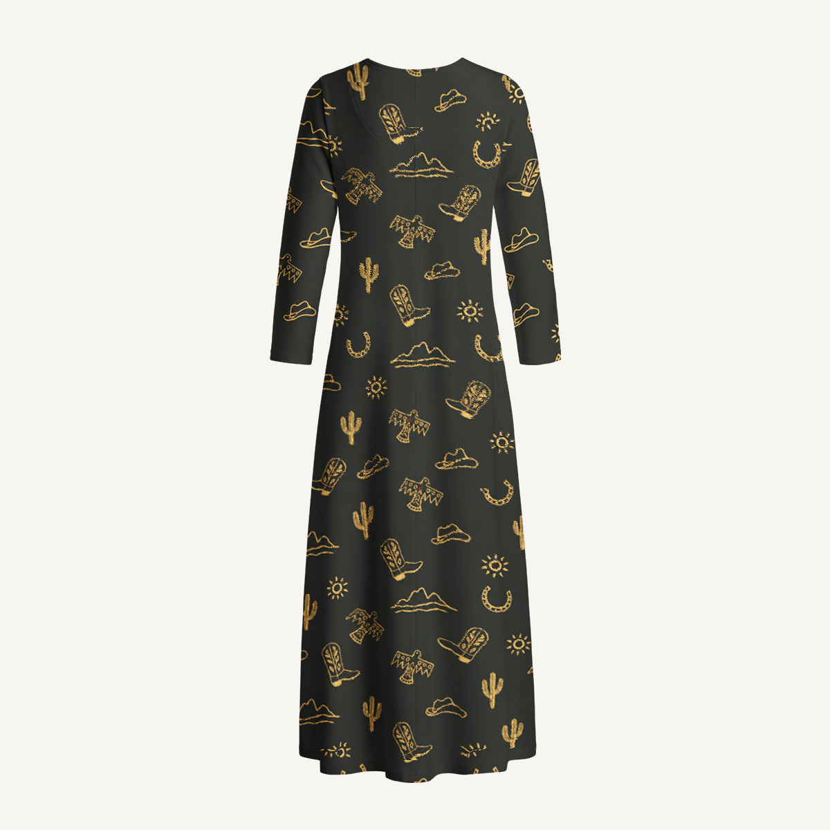 Desert Western Cowboy Print Soft-Touch Stretch Knit Long Sleeve Maxi Dress with Pockets
