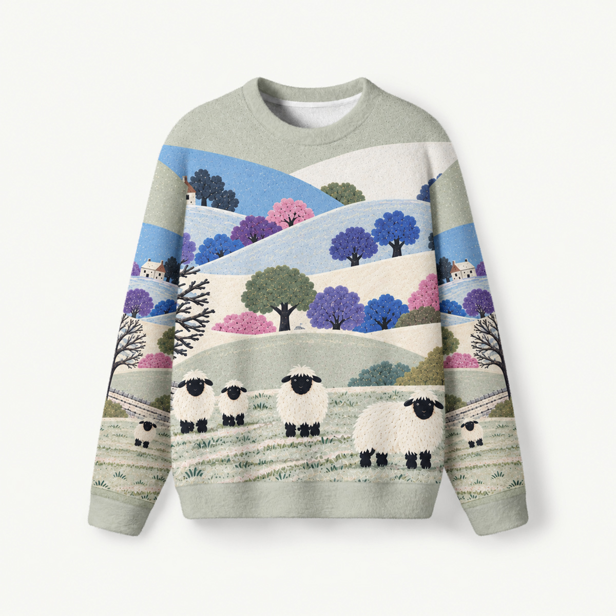 Pastoral Hillside Sheep Fuzzy Crewneck Sweater