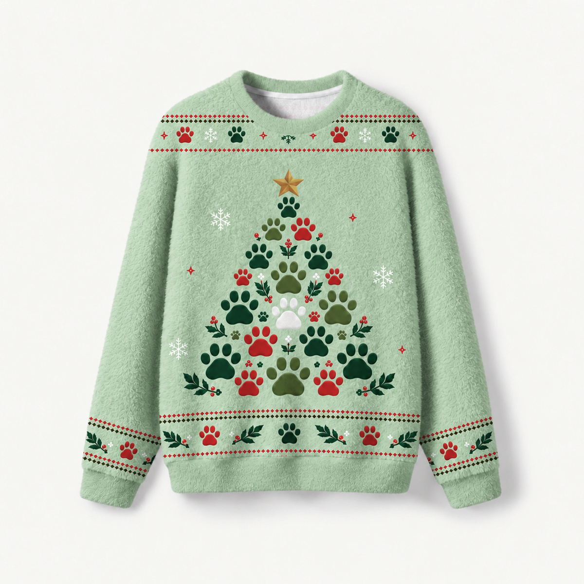 Cat Paw Print Christmas Tree Fuzzy Crewneck Sweater