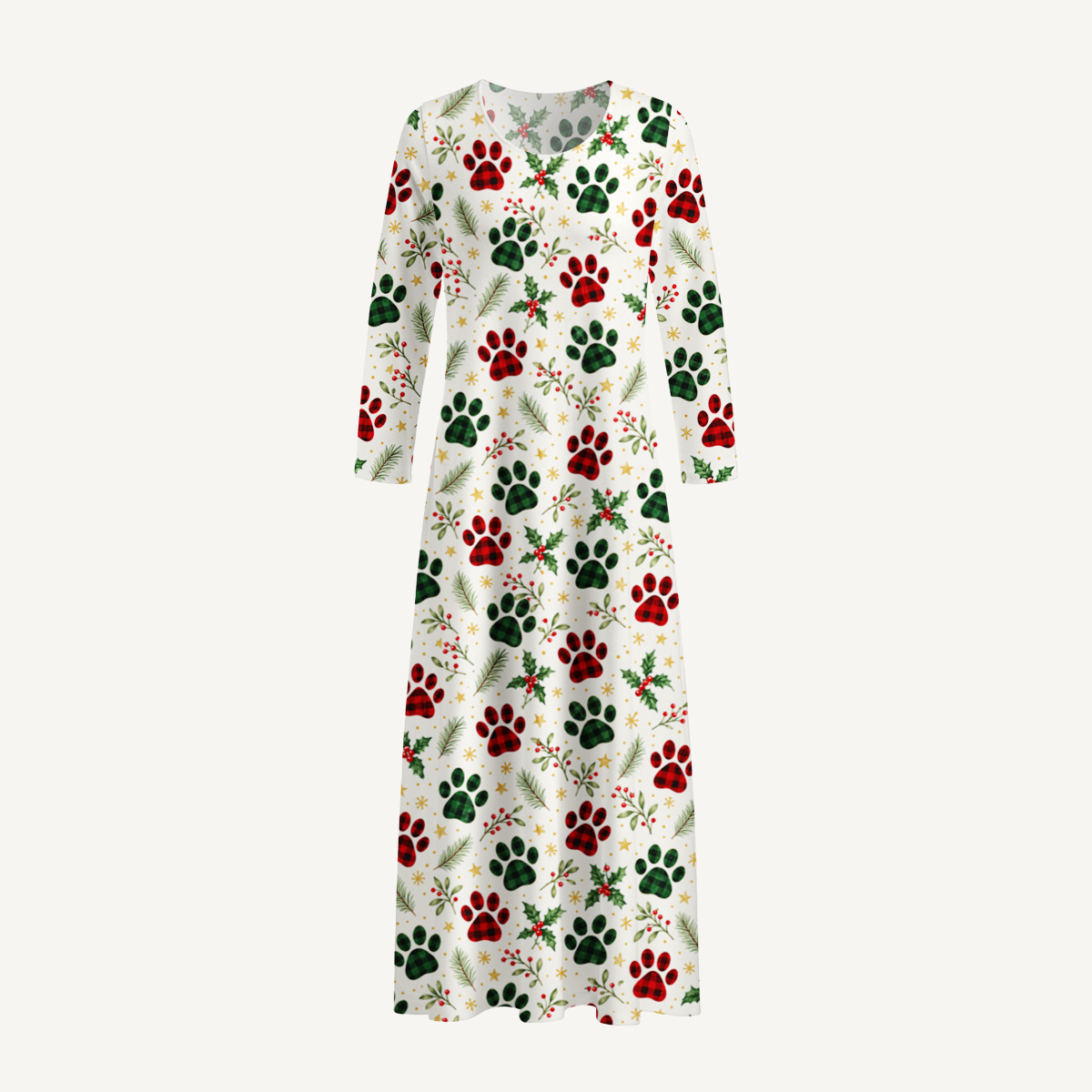 Merry Christmas Cat Paws Print Soft-Touch Stretch Knit Long Sleeve Maxi Dress with Pockets