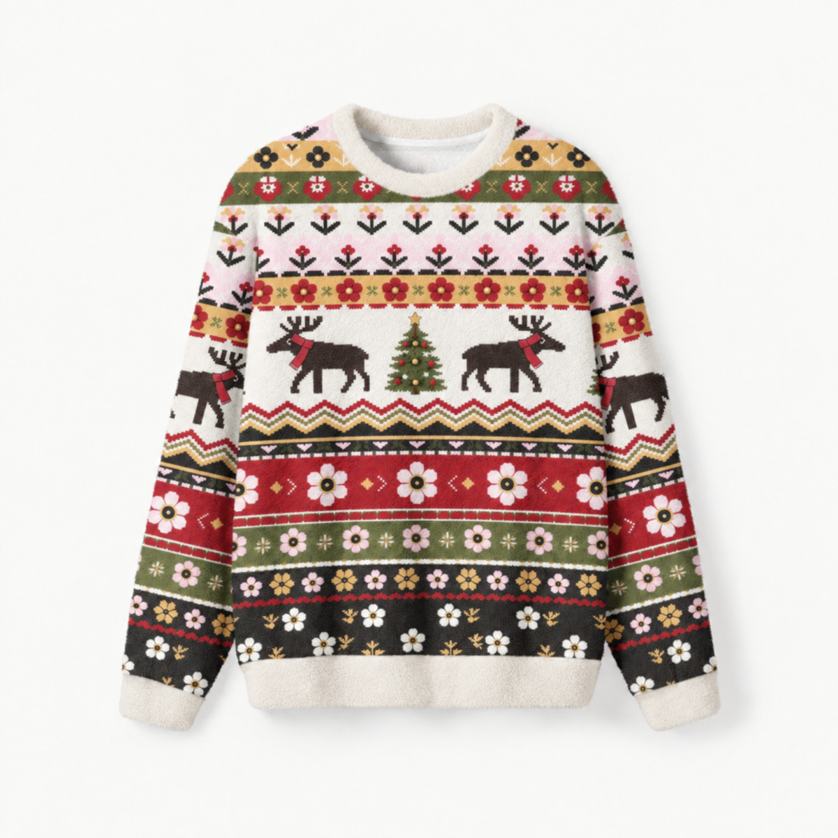 Christmas Reindeer & Wildflowers Fuzzy Crewneck Sweater