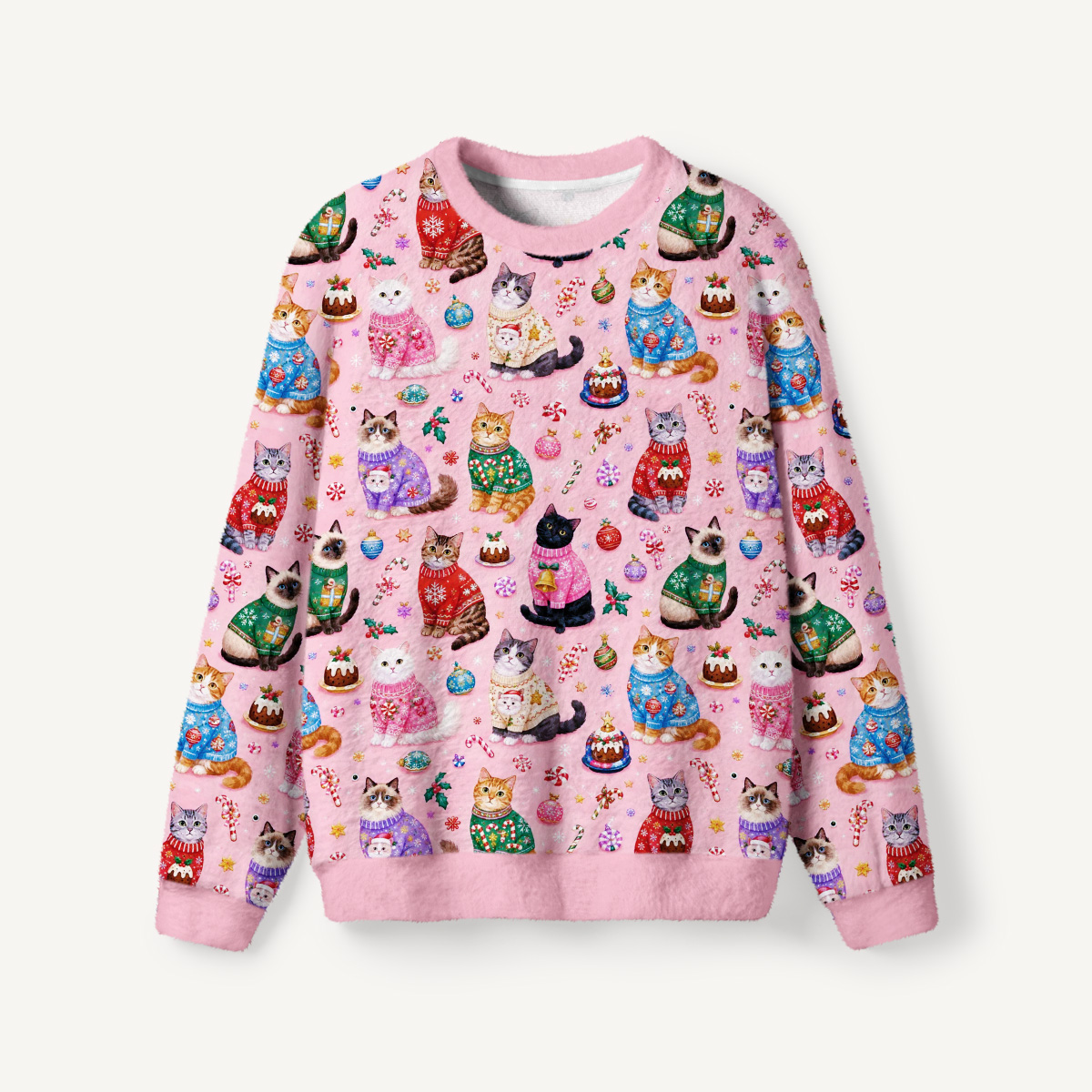 Christmas Sweater Cats Holiday Fuzzy Crewneck Sweater