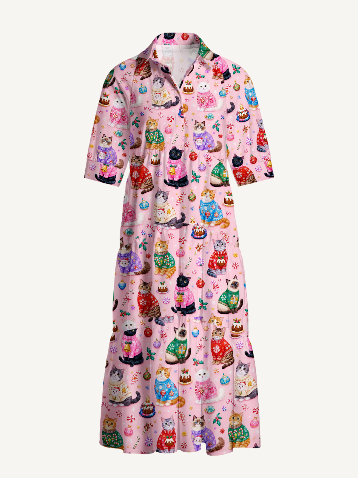 V Neck Christmas Sweater Cats Holiday Print Casual Midi Dress With Pockets