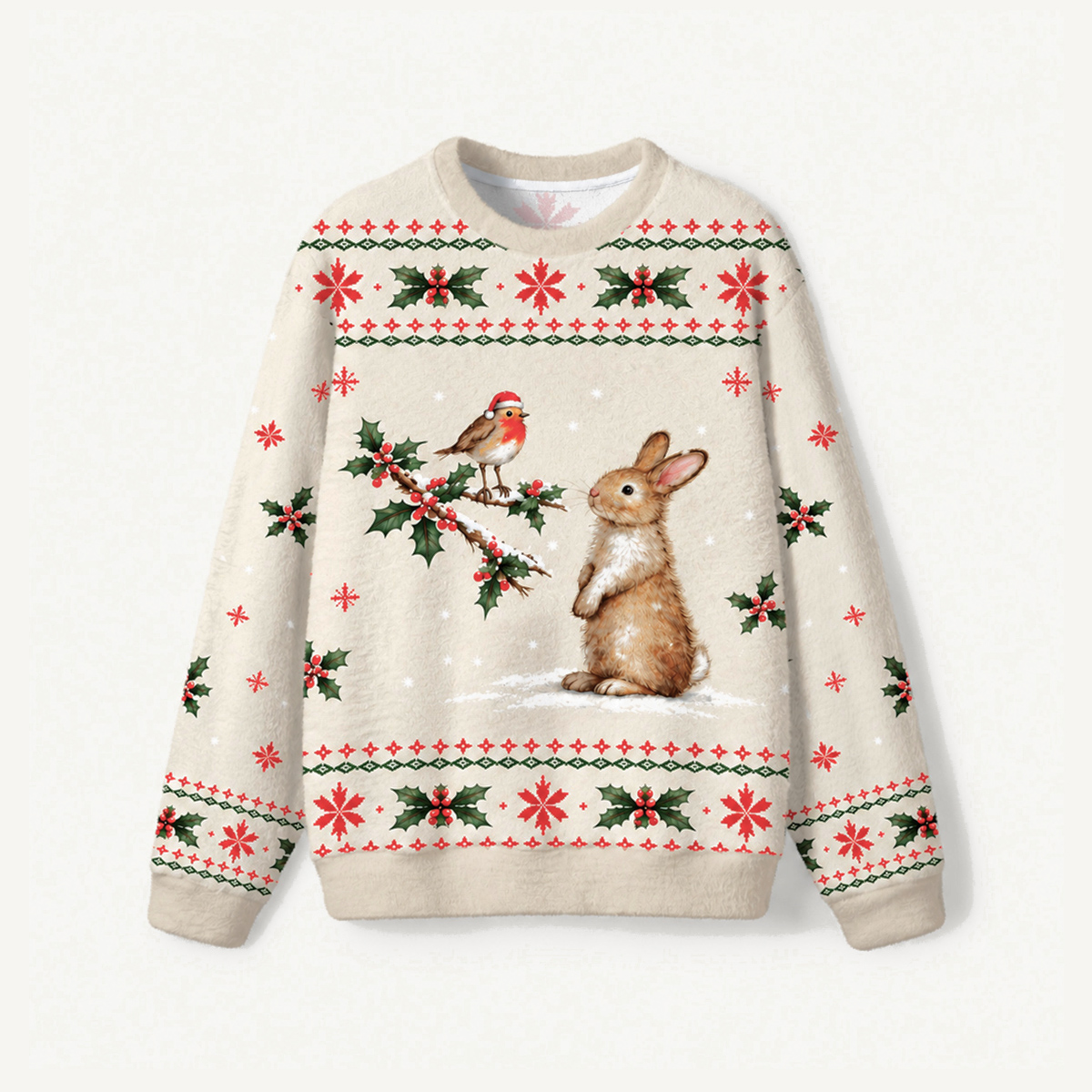 Christmas Robin & Bunny Fuzzy Crewneck Sweater