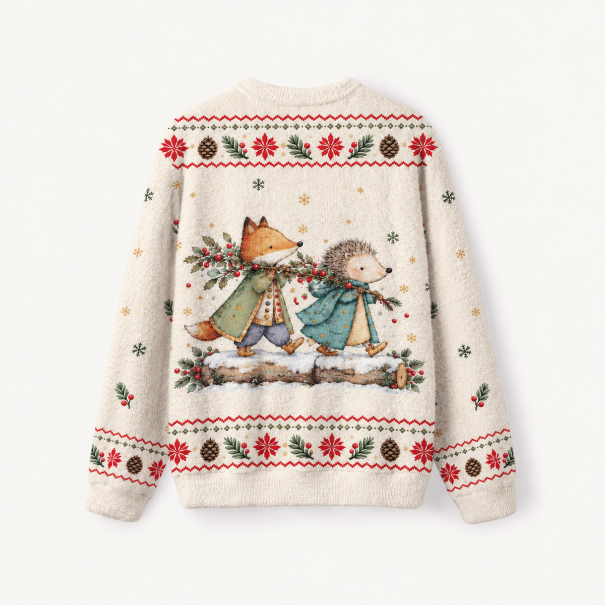 Christmas Fox & Hedgehog Fuzzy Crewneck Sweater