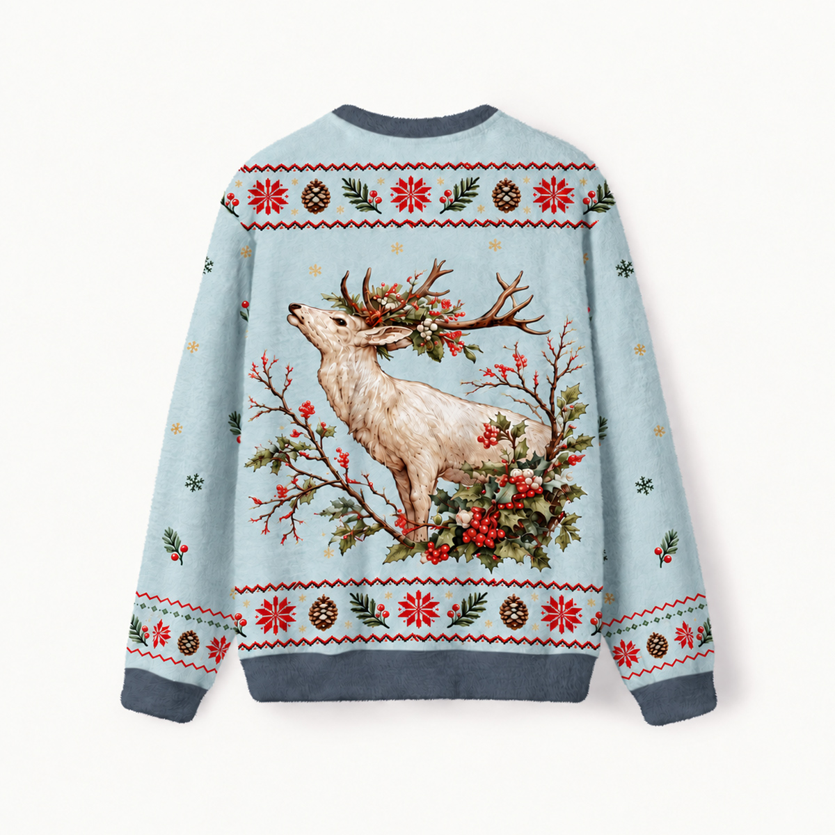 Christmas Holly-Crowned Reindeer Fuzzy Crewneck Sweater